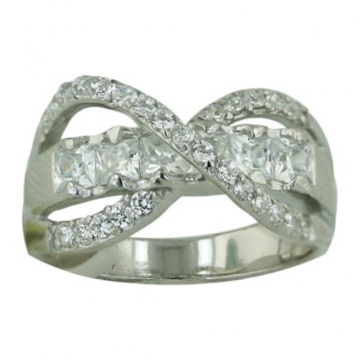 Sterling Silver Ring 6 Princess Cut Clear Cubic Zirconia with Cubic Zirconia Criss Cross X