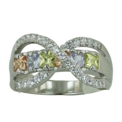Sterling Silver Ring 6 Princess Cut Champagne/Lv/Lg Cubic Zirconia with Cubic Zirconia Criss Cro