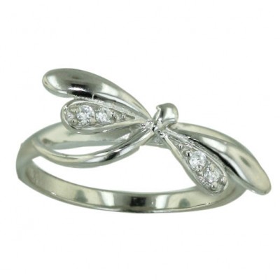 Sterling Silver Ring Plain+Clear Cubic Zirconia Dragonfly--Rhodium Plating