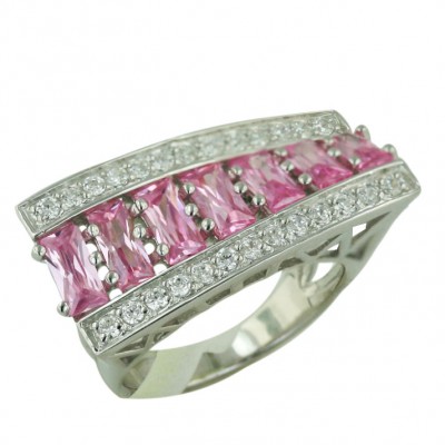 Sterling Silver Ring Pink Cubic Zirconia Rectangular Column with Clear Cubic Zirconia Sides--Rhodium Plating/Nickle Free-