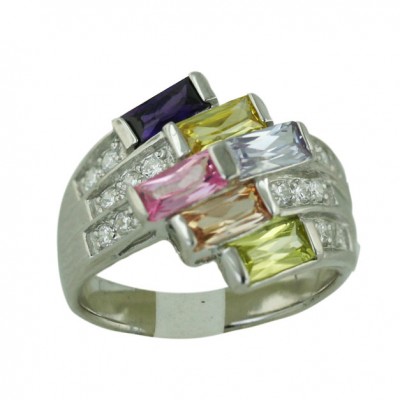 Sterling Silver Ring Amethyst+Cn+Lv+Pink+Champagne+Lg Cubic Zirconia Princess Cut with Clear Cubic Zirconia