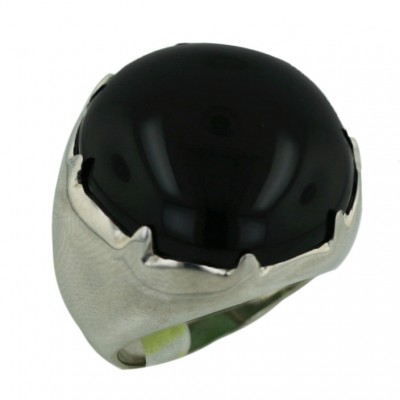 Sterling Silver Ring 21X21mm Onyx Round Cabochon with 8 Pointy Edg