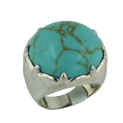 Sterling Silver Ring 21X21mm Faux Turquoise Round Cabochon with 8 Pointy