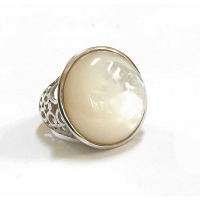 Sterling Silver Ring White Mother of Pearl Round Cabochon--Rhodium Plating/Nickle Free--