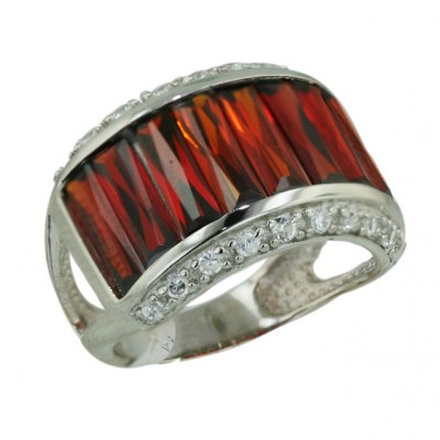 Sterling Silver Ring Garnet Cubic Zirconia Baguette Princess Cut Bezel Set with Clear
