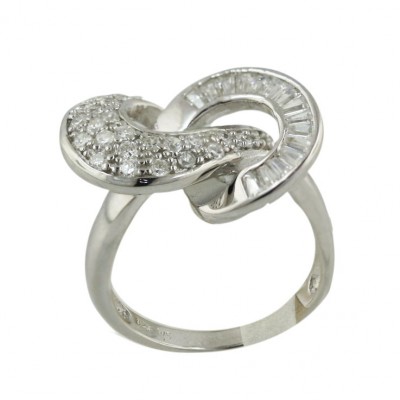 Sterling Silver Ring Clear Cubic Zirconia Baguette+Pave Cubic Zirconia Twisted Figure 8