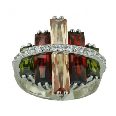 Sterling Silver Ring 5 Graduate Garnet /Champagne/Olivine Cubic Zirconia Baguette with Clear Cubic Zirconia