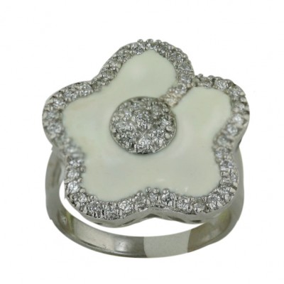 Sterling Silver Ring White Enamel Flower with Clear Cubic Zirconia Lines