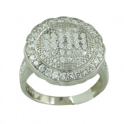 Sterling Silver Ring 18.5mm Clear Cubic Zirconia Round Flowery Bezel Set--Rhodium Plating/
