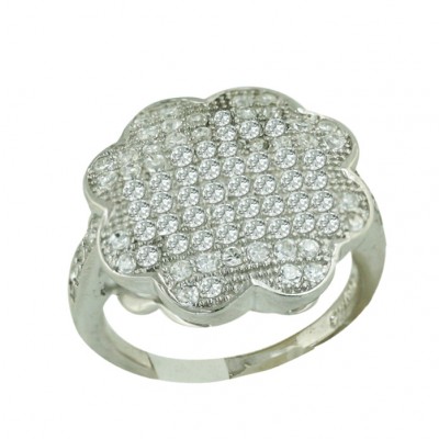 Sterling Silver Ring 18.5mm Clear Cubic Zirconia Flowery Pattern--Rhodium Plating/Nickle Free--
