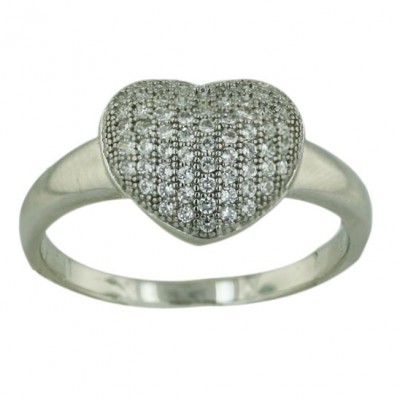 Sterling Silver Ring Micropave Clear Cubic Zirconia Puff Heart