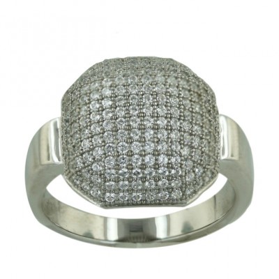 Sterling Silver Ring Micropave Clear Cubic Zirconia Cushion Dome
