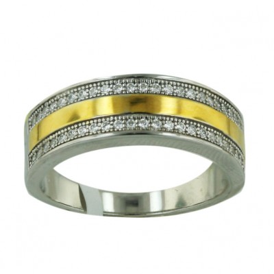 Sterling Silver Ring Micropave Clear Cubic Zirconia+Gold Tone Band