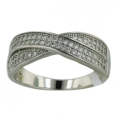 Sterling Silver Ring Micropave Clear Cubic Zirconia Criss Cross Band