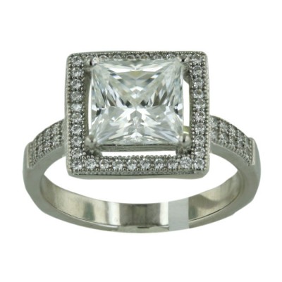 Sterling Silver Ring Micropave Clear Cubic Zirconia Square