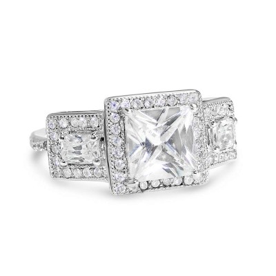 Sterling Silver Ring Micropave Clear Cubic Zirconia Square with Rhodium Plating Plating