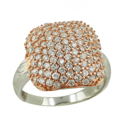 Sterling Silver Ring 18X18mm Rose Gold Tonew/Clear Cubic Zirconia Cushion with Pl