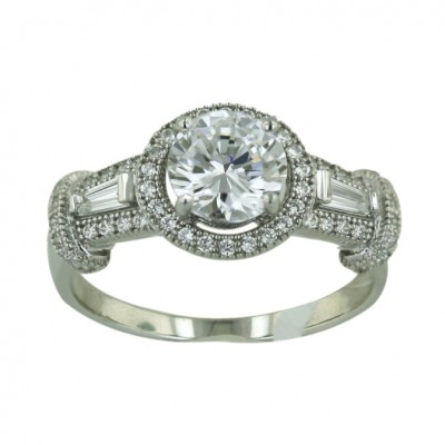 Sterling Silver Ring 7mm Round+Baguette Clear Cubic Zirconia+Mircopave Around