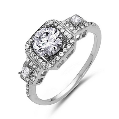 Sterling Silver Ring 6.5mm Round Micropave Clear Cubic Zirconia Square Around+Bo