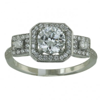 Sterling Silver Ring 6.5mm Round Micropave Clear Cubic Zirconia Square Around+Bo