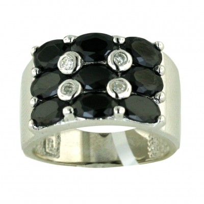 Sterling Silver Ring 17X12mm Black Cubic Zirconia Round with 4 Pc Clear Cubic Zirconia Dots--E-coated