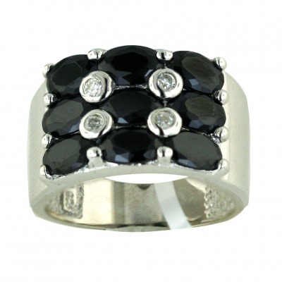 Sterling Silver Ring 17X12mm Black Cubic Zirconia Round with 4 Pc Clear Cubic Zirconia Dots--Rhodium Plating