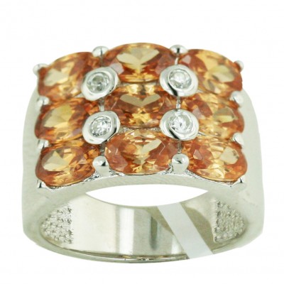 Sterling Silver Ring 17X12mm Champagne Cubic Zirconia Round with 4 Pc Clear Cubic Zirconia Dots--E-coated