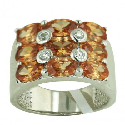 Sterling Silver Ring 17X12mm Champagne Cubic Zirconia Round with 4 Pc Clear Cubic Zirconia Dots--Rhodium Plating