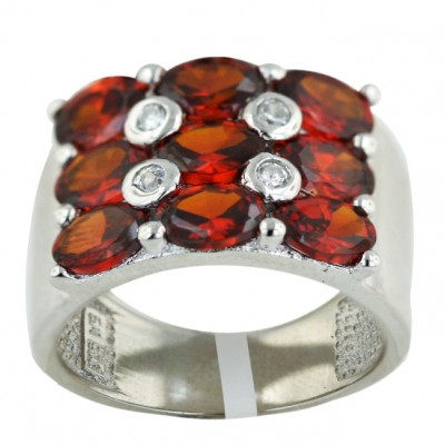Sterling Silver Ring 17X12mm Garnet Cubic Zirconia Round with 4 Pc Clear Cubic Zirconia Dots--Rhodium Plating