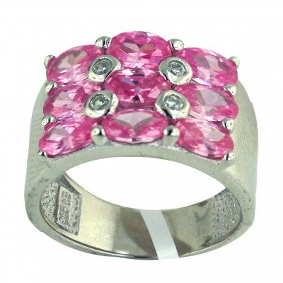 Sterling Silver Ring 17X12mm Pink Cubic Zirconia Round with 4 Pc Clear Cubic Zirconia Dots--Rhodium Plating