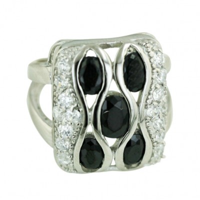 Sterling Silver Ring 21X17mm Cushion Black Cubic Zirconia Oval with Clear Cubic Zirconia Around-