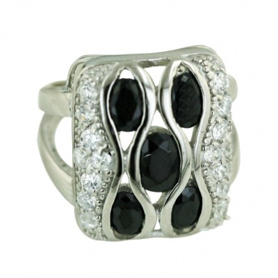 Sterling Silver Ring 21X17mm Cushion Black Cubic Zirconia Oval with Clear Cubic Zirconia Around-