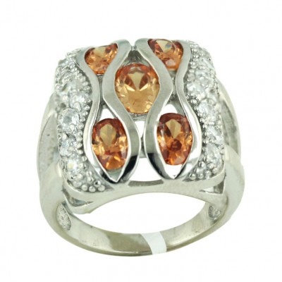 Sterling Silver Ring 21X17mm Cushion Champagne Cubic Zirconia Oval with Clear Cubic Zirconia Around-