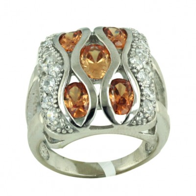 Sterling Silver Ring 21X17mm Cushion Champagne Cubic Zirconia Oval with Clear Cubic Zirconia Around-