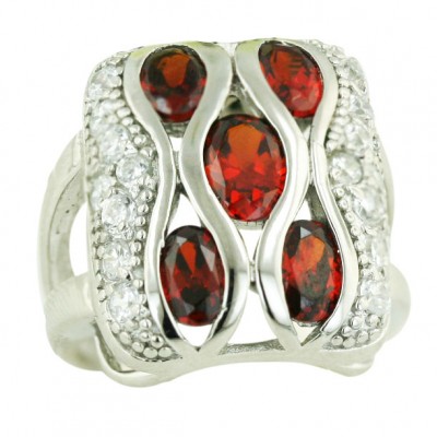 Sterling Silver Ring 21X17mm Cushion Garnet Cubic Zirconia Oval with Clear Cubic Zirconia Around-