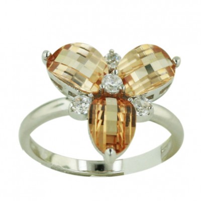 Sterling Silver Ring 3 Pc Champagne Cubic Zirconia Flower Petal Barrel Cut with Clear Cubic Zirconia I