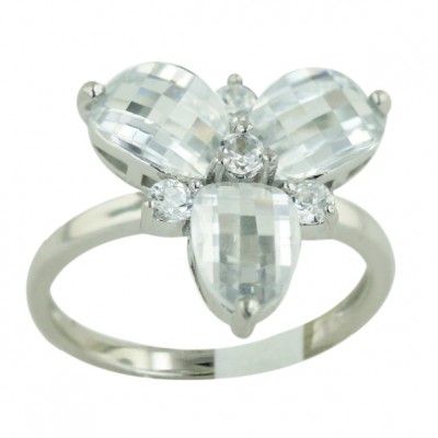 Sterling Silver Ring 3 Pc Clear Cubic Zirconia Flower Petal Barrel Cut with Clear Cubic Zirconia I