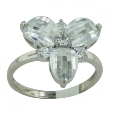 Sterling Silver Ring 3 Pc Clear Cubic Zirconia Flower Petal Barrel Cut with Clear Cubic Zirconia I