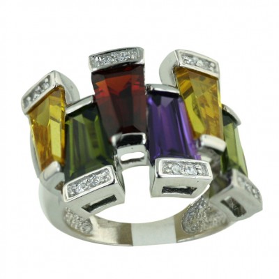 Sterling Silver Ring Amethyst+Olivine+Garnet +Citrine Cubic Zirconia Baguette Row--Rhodium Plating/Nickle Free--