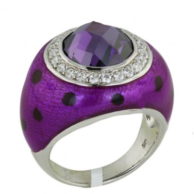 Sterling Silver Ring Round Faceted Ame Cubic Zirconia with Purple (#Tc14) +Black