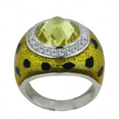 Sterling Silver Ring Round Faceted Light Olivine Cubic Zirconia with Yellow+Black