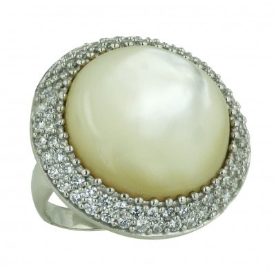 Sterling Silver Ring 26X26mm White Mother of Pearl Round Cabochon with 2 Row C