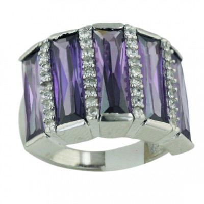 Sterling Silver Ring 5 Amethyst Cubic Zirconia Rectangular Baguette with Clear Cubic Zirconia Between--R