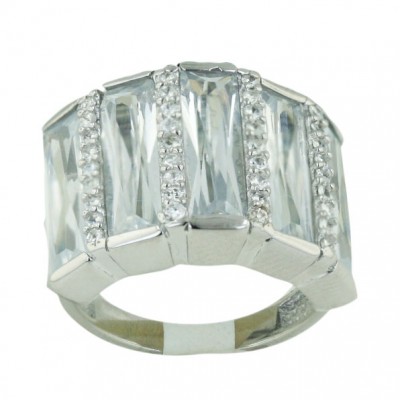 Sterling Silver Ring 5 Clear Cubic Zirconia Rectangular Baguette with Clear Cubic Zirconia Between--E