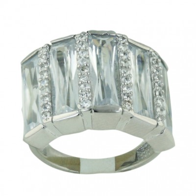 Sterling Silver Ring 5 Clear Cubic Zirconia Rectangular Baguette with Clear Cubic Zirconia Between--R