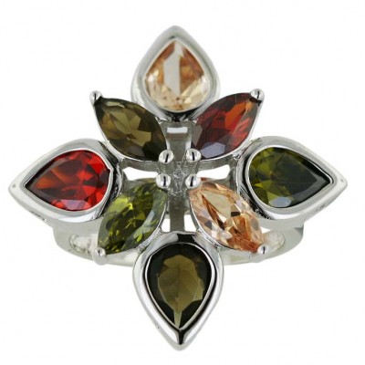 Sterling Silver Ring Smokey+Olivine+Garnet +Champagne+Sm+Olivine+Garnet +Champagne Cubic Zirconia Tear Drop+Marq