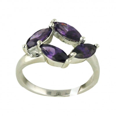 Sterling Silver Ring 4 Amethyst Cubic Zirconia Marquis--E-coated/Nickle Free--