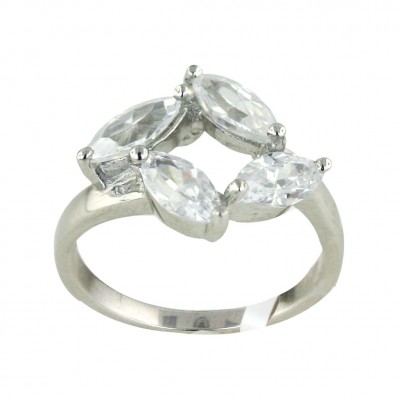 Sterling Silver Ring 4 Clear Cubic Zirconia Marquis--Rhodium Plating/Nickle Free--