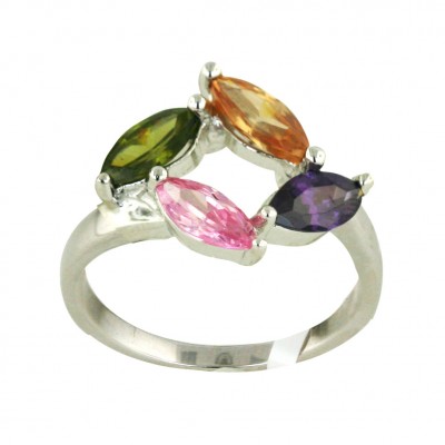 Sterling Silver Ring 4 Pink+Olivine+Amethyst+Champagne Cubic Zirconia Marquis--E-coated/Nickle Free--