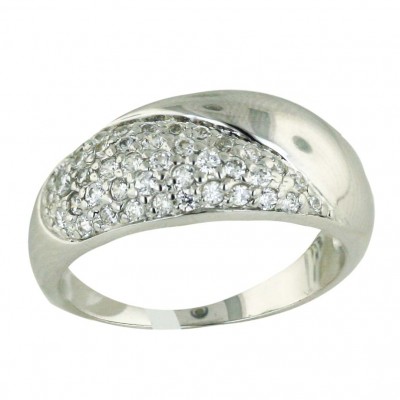 Sterling Silver Ring Clear Cubic Zirconia+Plain Slanted Side--Rhodium Plating/Nickle Free--